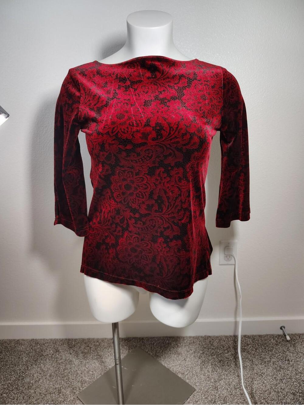 Whimsigoth Red Black Velvet 3/4 Sleeve Blouse Women's Gothic Fairy Boho
